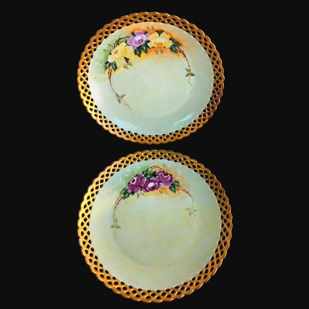 Vintage Schumann Bavaria Pierced Reticulated Hand Painted Rose Plates (2) 7.5"